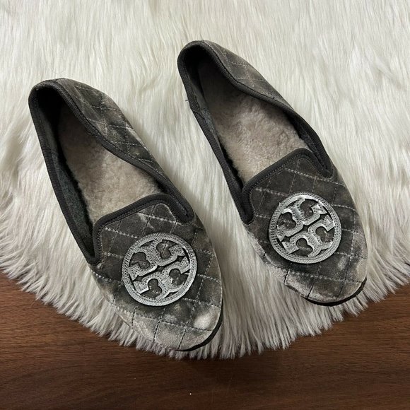 Tory Burch‎ Size 5 Taupe Gray Velvet Billy Quilted Slippers - Picture 1 of 10